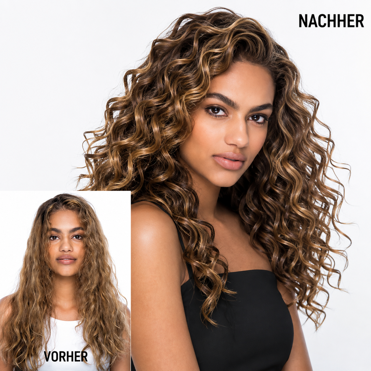 Vorher-Nachher-Vergleich: Aus gewelltem Haar wurden definierte Locken.
